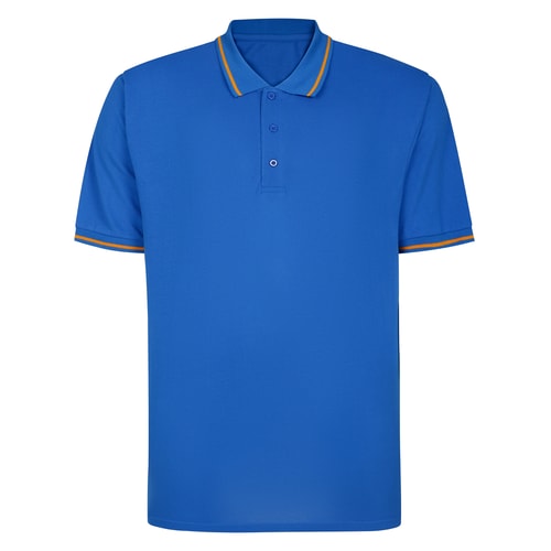 Bright blue polo shirt with tipped collar, front view.